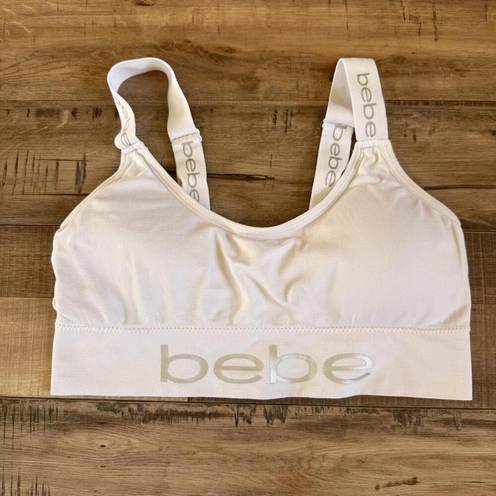 Bebe Sports Bra‎ White Logo Sz XL Wide Strap Women's Cardio Yoga Luxury